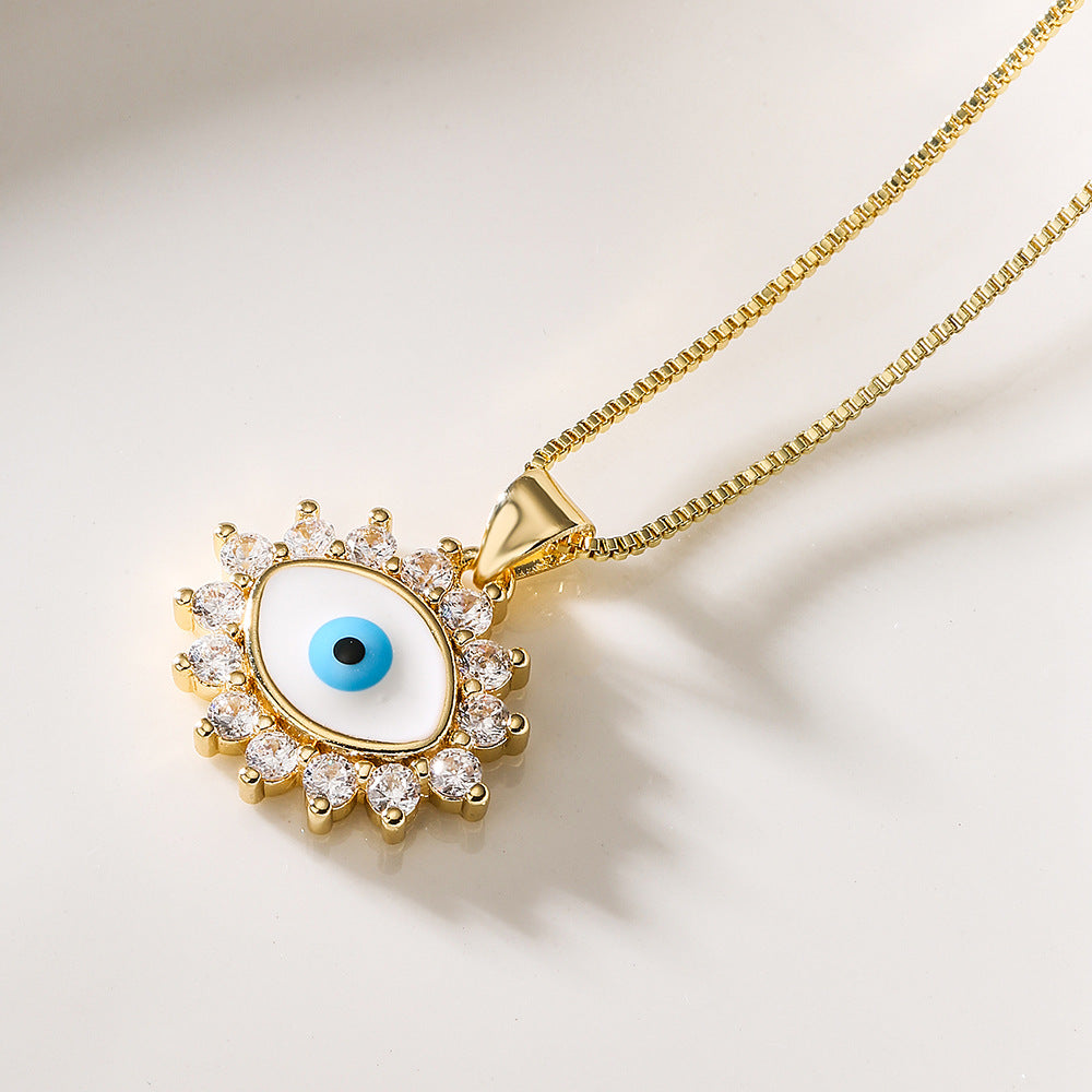 Minimalist Geometric Evil Eye Pendant Necklace in Brass with Enamel Finish and Zircon Inlay