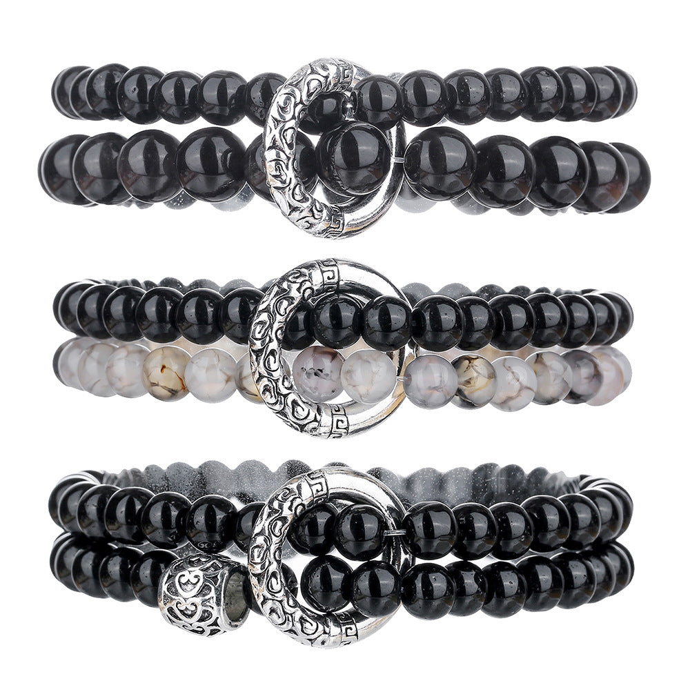 Vintage Chinese Zen Geometric Round Black Agate and Alloy Beaded Bracelet for Men and Women