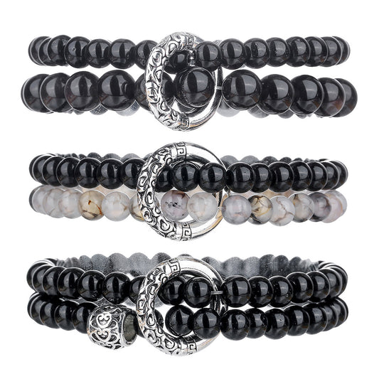Vintage Chinese Zen Geometric Round Black Agate and Alloy Beaded Bracelet for Men and Women