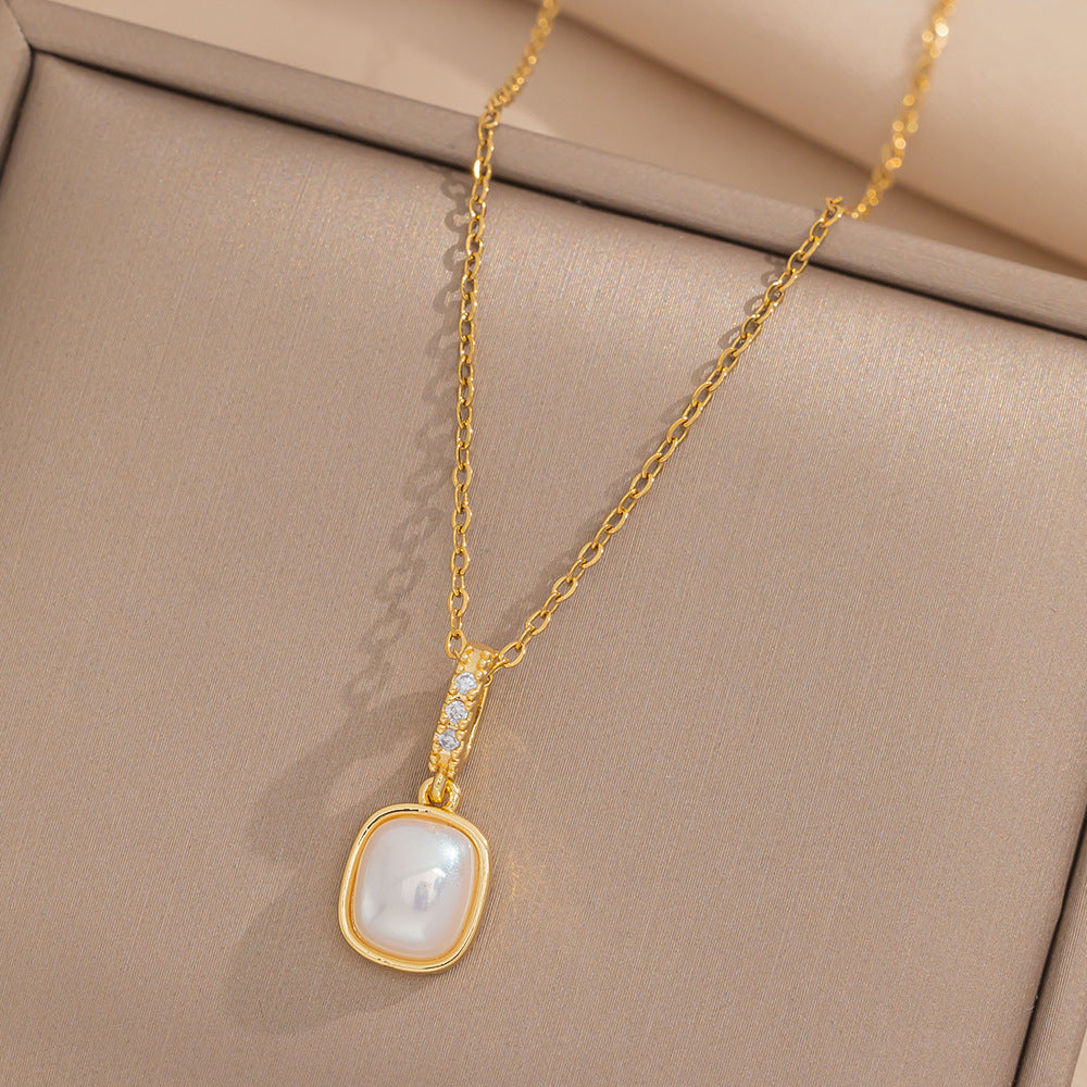 Collana Pendente Minimalista Quadrata a Occhio di Gatto in Acciaio Inossidabile con Finitura Galvanizzata da Donna