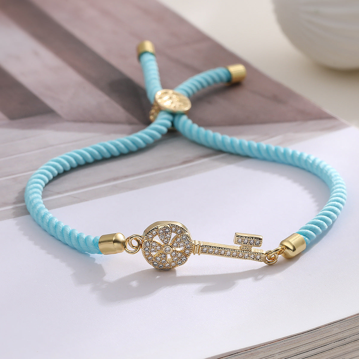 Luxury Minimalist Geometric Key 18K Gold Plated Brass Micro-inlay Cubic Zirconia Bracelet for Women