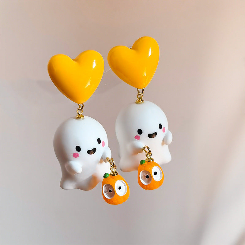 Lindos pendientes de resina con forma de fantasma para mujer con diseño de personaje de dibujos animados en estilo estético dulce