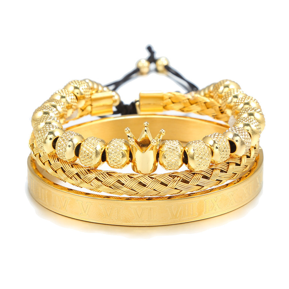 Vintage Crown Geometric Micro-inlay Stainless Steel Mesh Open Cuff Bracelet Set for Unisex