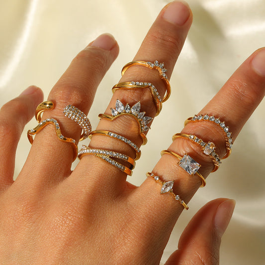Ins Style Irregular Crown and Geometric Shaped Zirconia Inlaid Titanium Steel Open Ring for Women