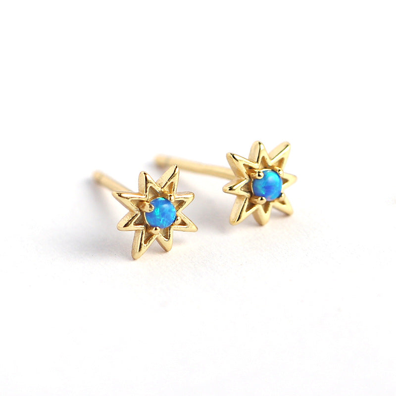 Sweet-Edgy Octagonal Star Shaped S925 Sterling Silver Opal Stud Earrings for Women