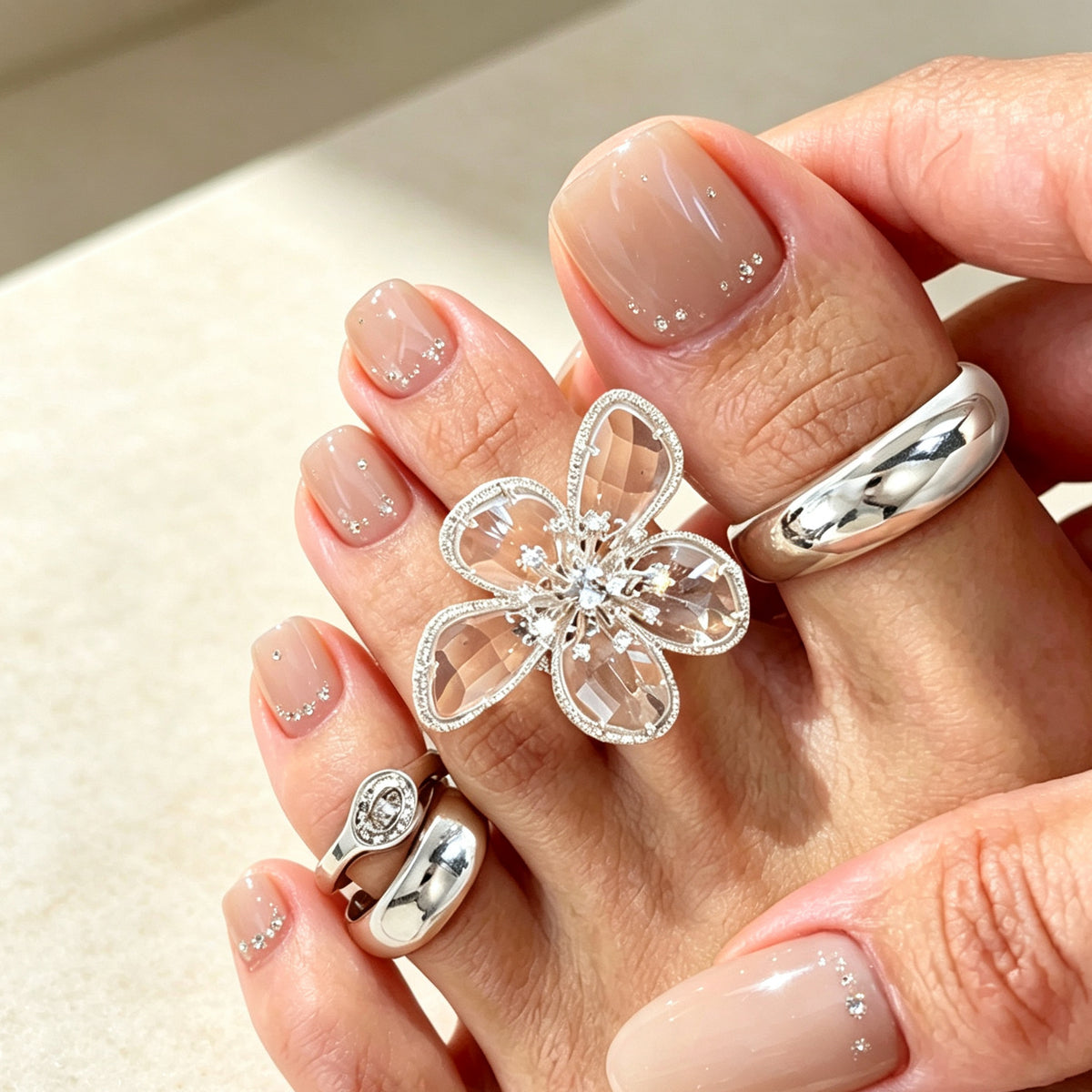 Exaggerated Floral Rhinestone Zinc Alloy Open Toe Ring for Women