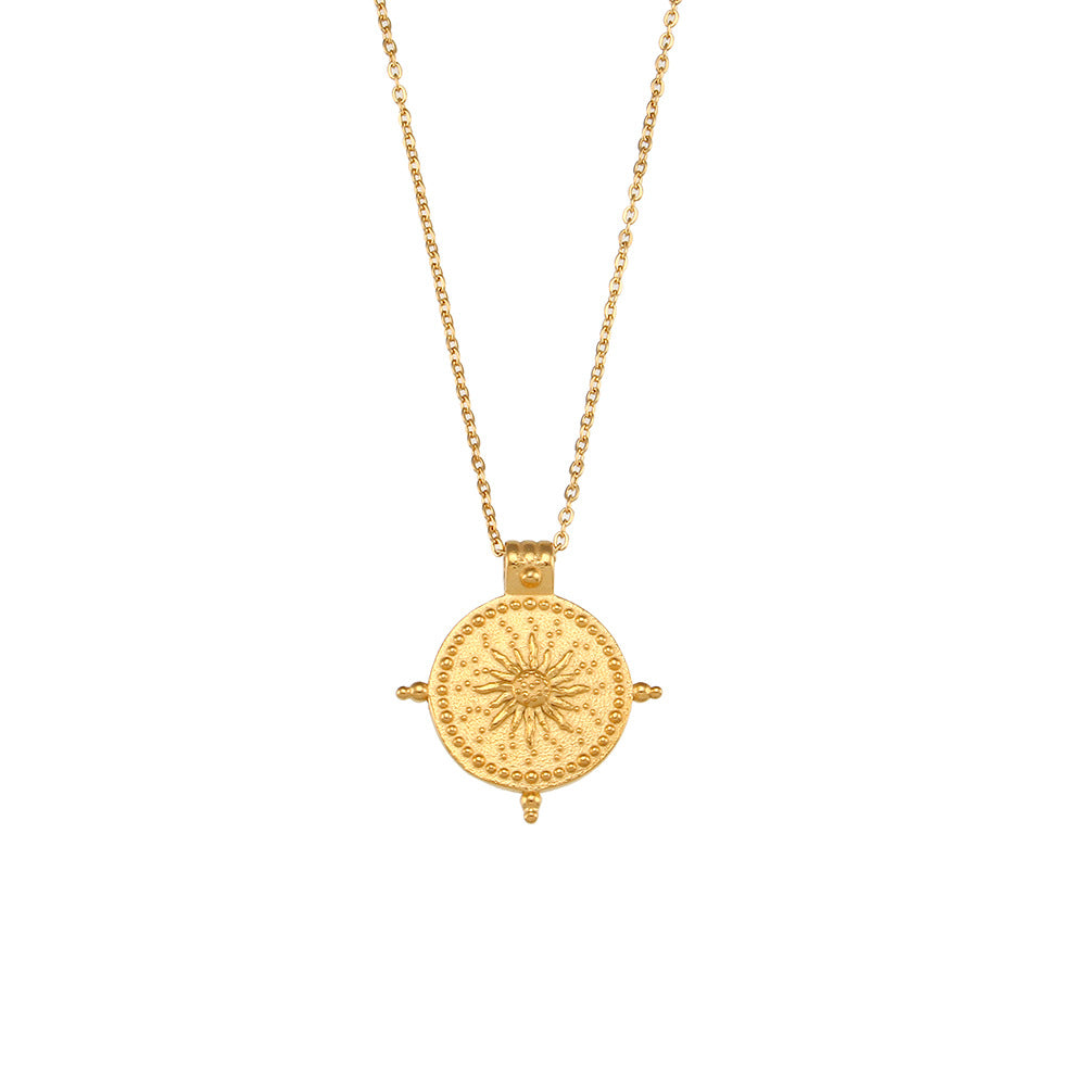 Vintage-Style Geometric Sun Compass Pendant Necklace in Stainless Steel with 18K Gold Plating for Women