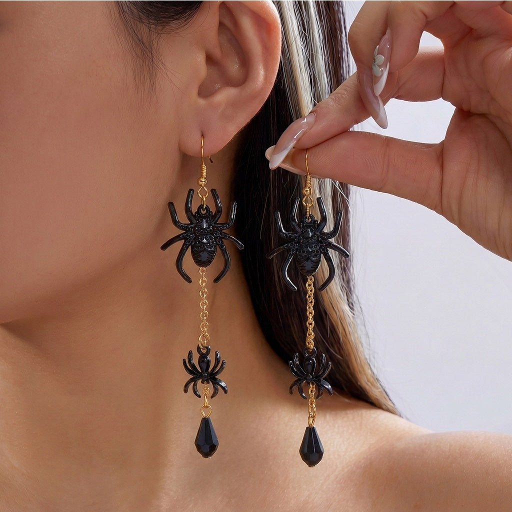 Gothic Punk Rhinestone Inlaid Geometric Alloy Earrings with Bat and Tassel Design