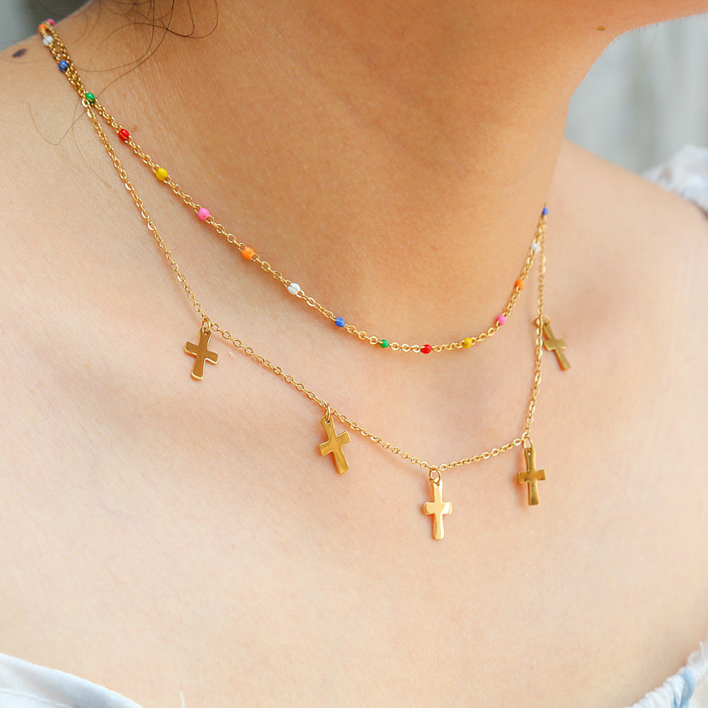 Collana Pendente a Croce Stile Principessa per Donna, Acciaio Inossidabile, Doppia Strato, Acciaio al Titanio, Catena Clavicola con Perline Colorate e Finitura Elettroplaccata
