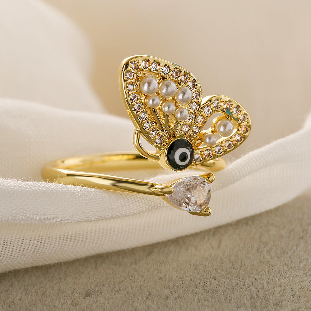 Elegant Butterfly-Shaped Geometric Open Ring for Women with Zircon and Pearl Accents, Micro-Paved Copper Jewelry
