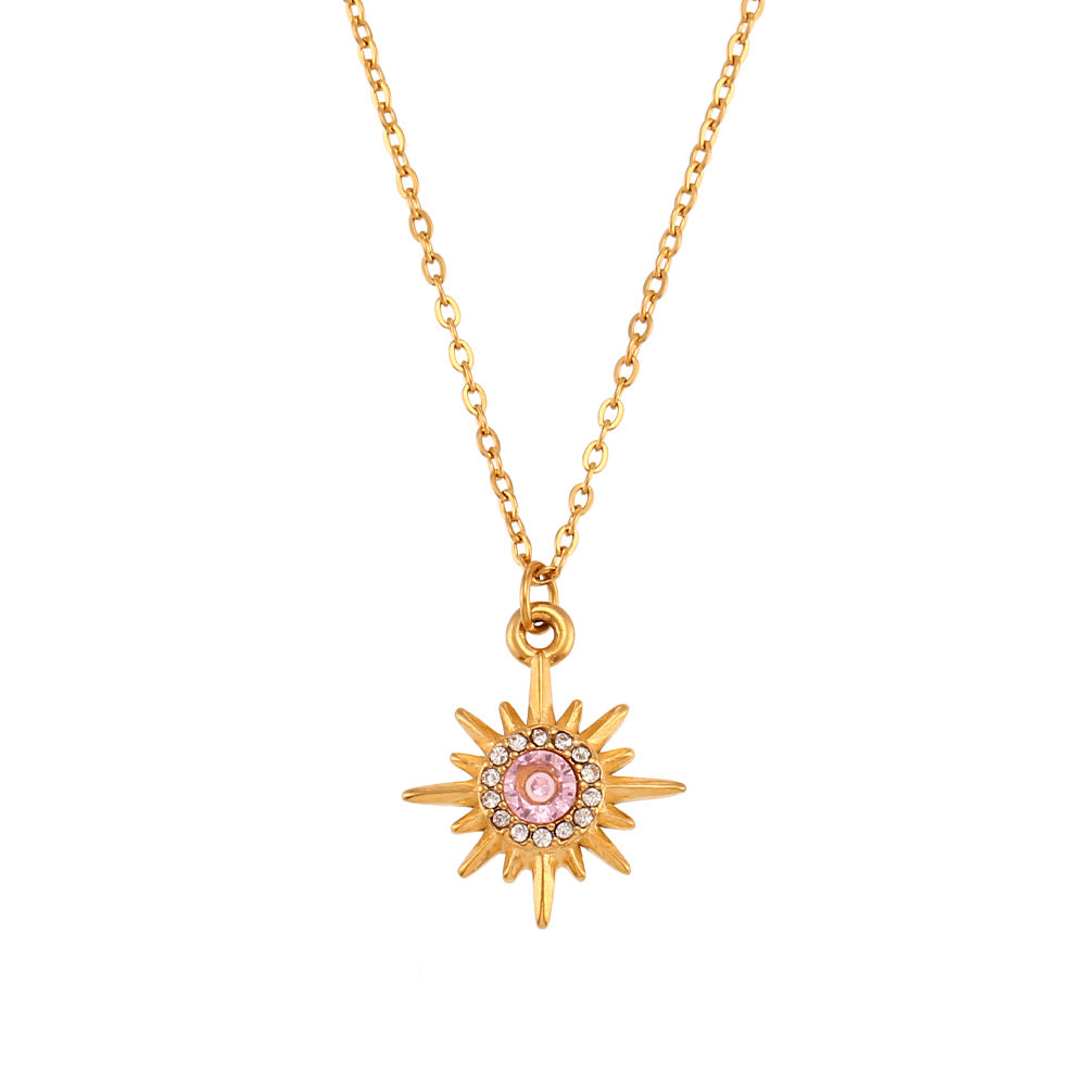 Collana con ciondolo a stella a otto punte con zirconi placcati oro 18 carati in acciaio inossidabile, stile minimalista, da donna