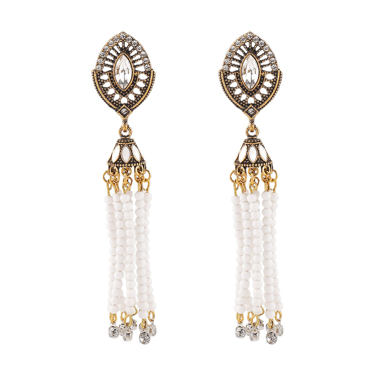 Pendientes de borlas geométricos bohemios con diamantes de imitación y base de aleación chapada para mujer