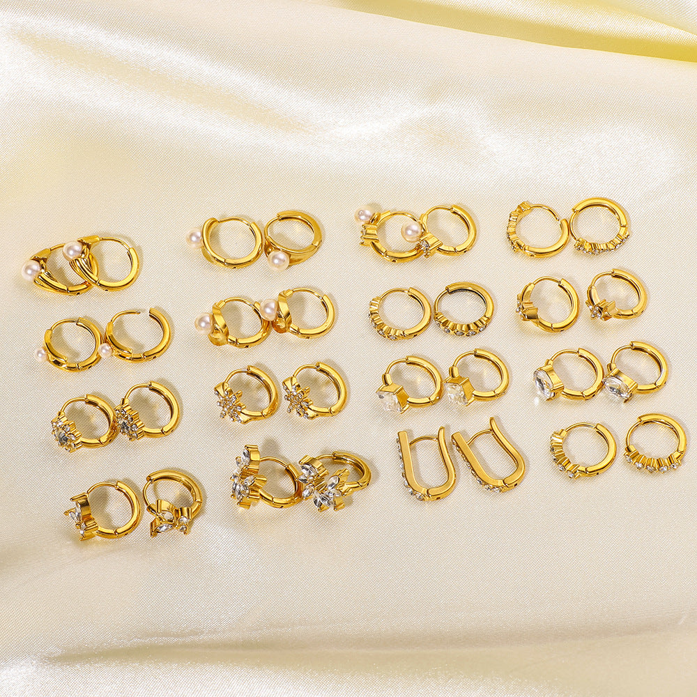 Minimalist Stainless Steel 18K Gold Plated Flower-Shaped Hoop Earrings with Rhinestone and Pearl Inlay for Women