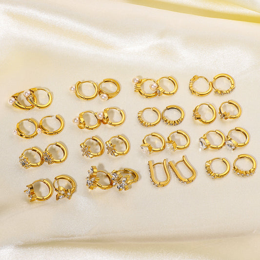 Orecchini a cerchio da donna minimalisti in acciaio inossidabile placcati oro 18 carati a forma di fiore con intarsi di strass e perle