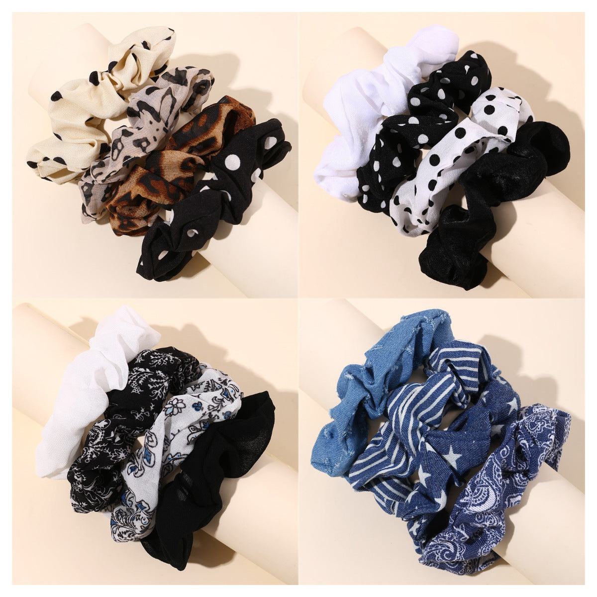 Set di elastici per capelli minimalisti a pois da bambina con motivo a margherita e texture a maglia in tessuto