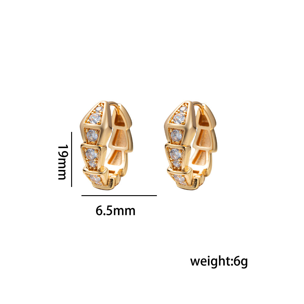 Minimalist Snake Shape Titanium Steel Necklace and Earrings Set for Women with Rhinestone Inlay and Gold Plating