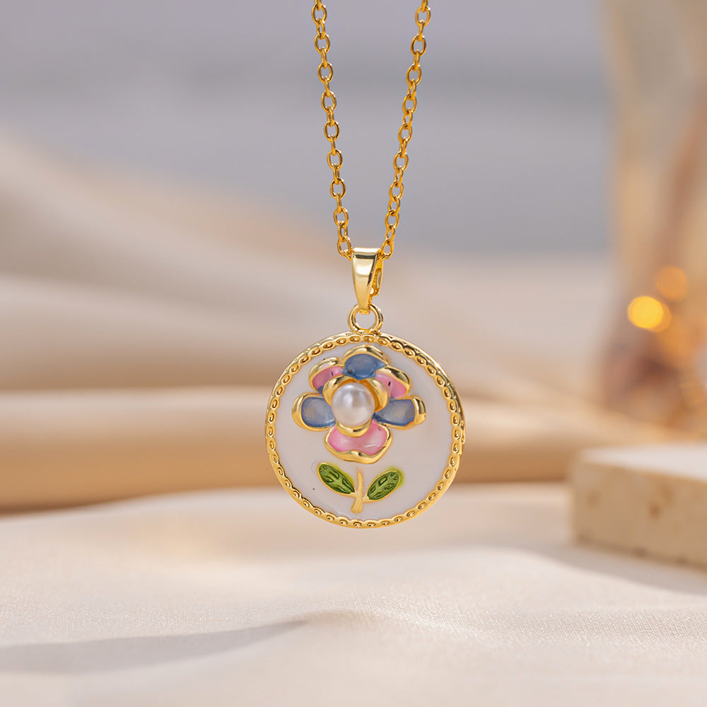 Minimalist Floral Pendant Necklace in Titanium Steel with Enamel Finish, Tulip and Camellia Design, O-Chain, Women's Lightweight Luxury Jewelry