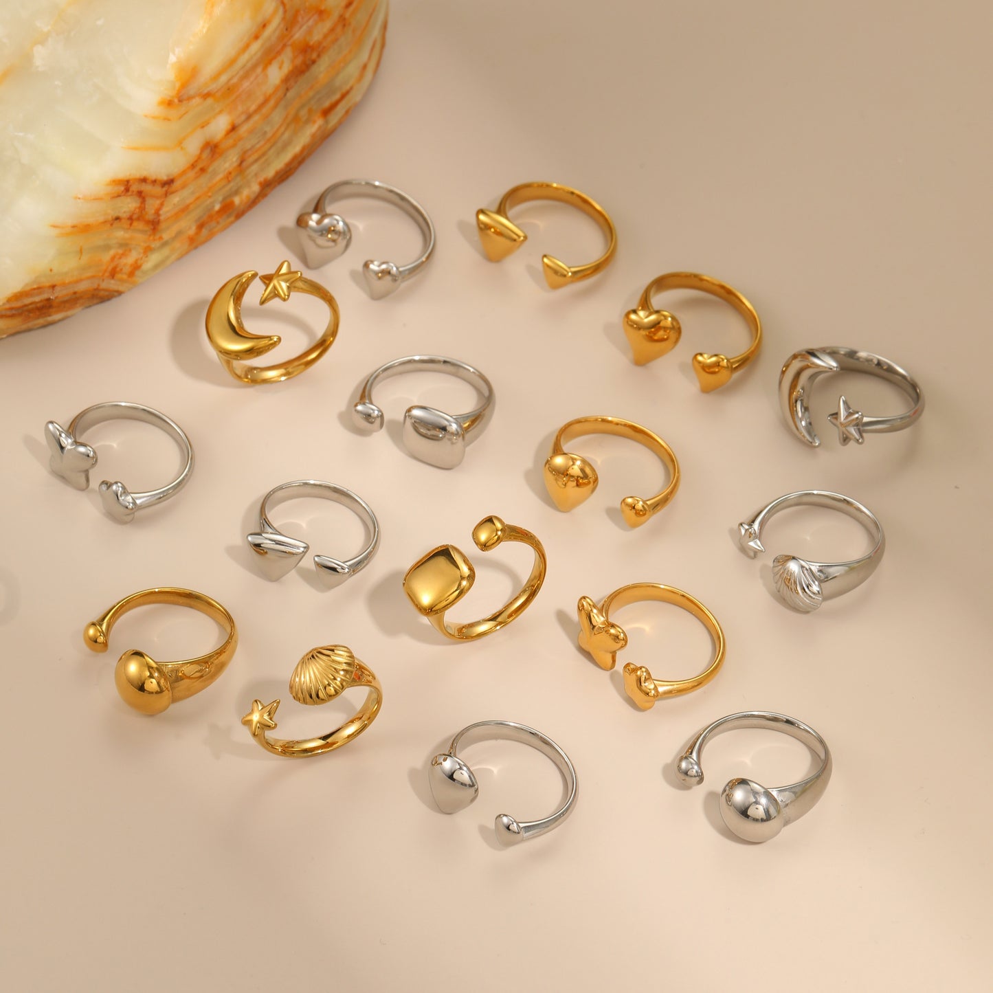 Minimalist Stainless Steel Star-Shaped Geometric Open Ring with 18K Gold Plating for Women