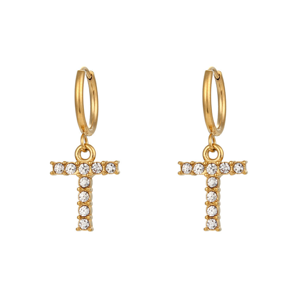 Minimalist Fashion Letter Earrings for Women Stainless Steel with 18K Gold Plating and Micro-Pave Zirconia