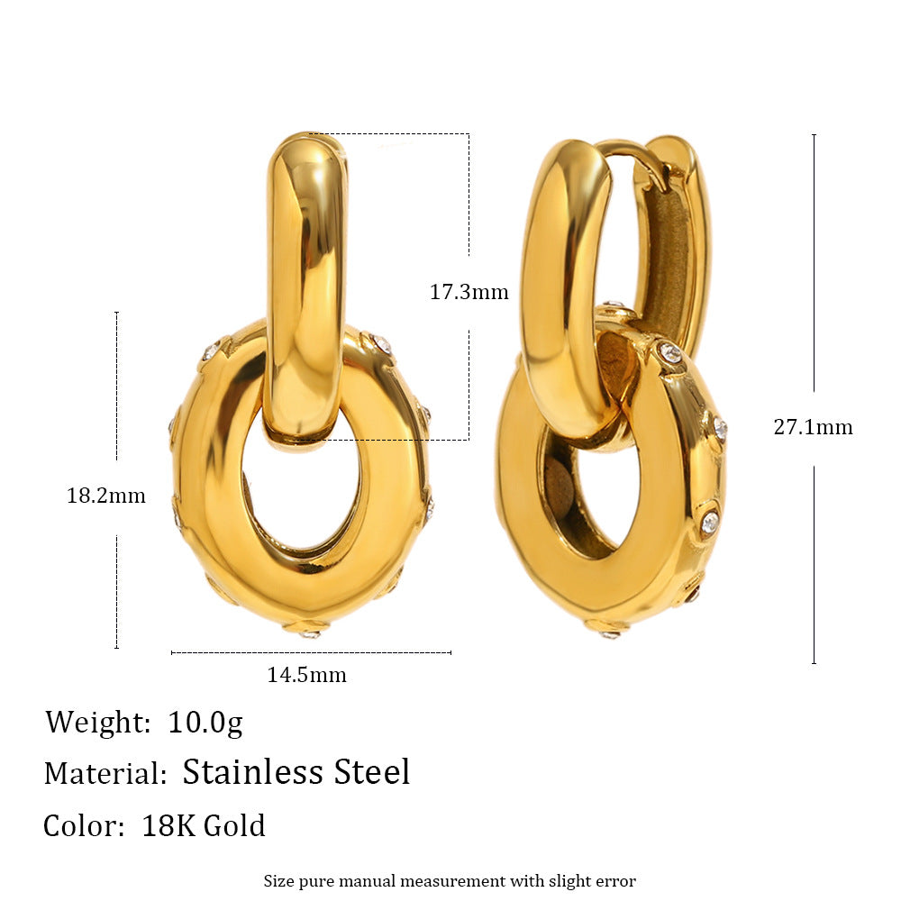 Minimalist Geometric Stainless Steel Earrings with 18K Gold Plating and Oval Zircon Pendant for Women