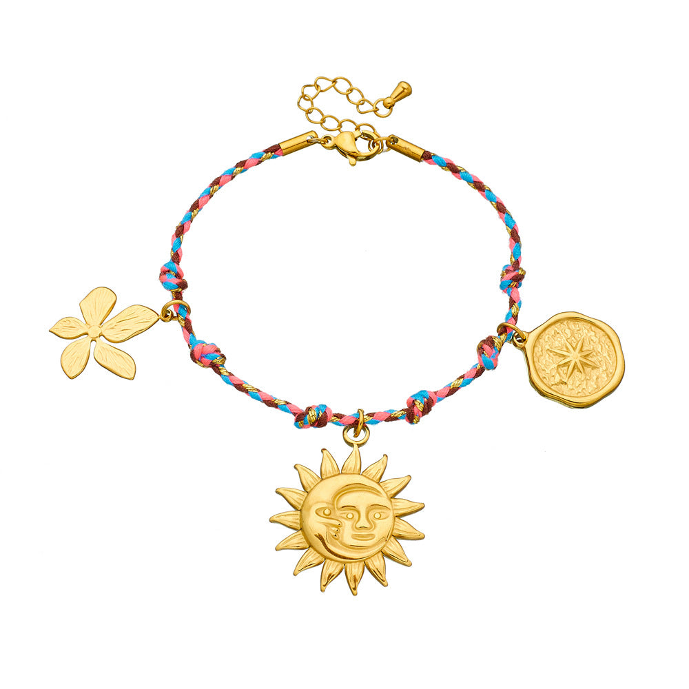 Minimalist Gold Plated Stainless Steel Floral Sun Round Pendant Bracelet