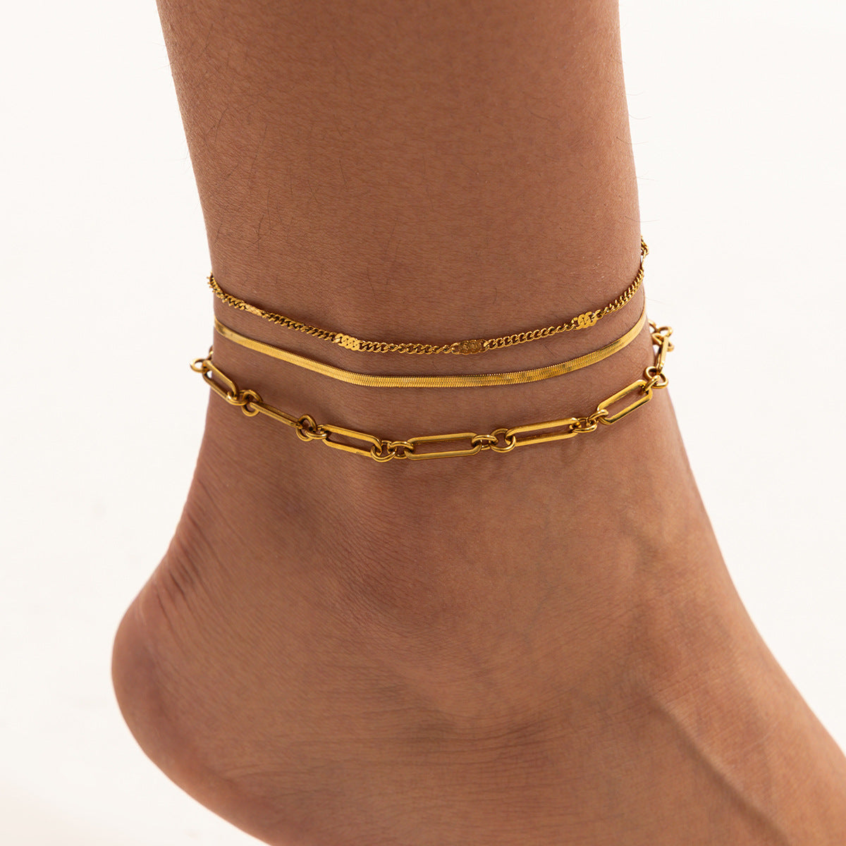 Minimalist Geometric Stainless Steel Snake Chain Anklet 18K Gold Plated