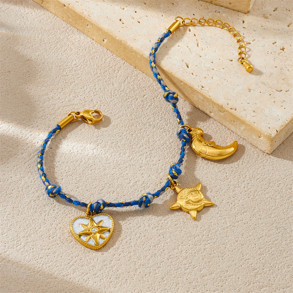 Vintage Bohemian Plated Stainless Steel Heart Star Moon Charm Bracelet for Women