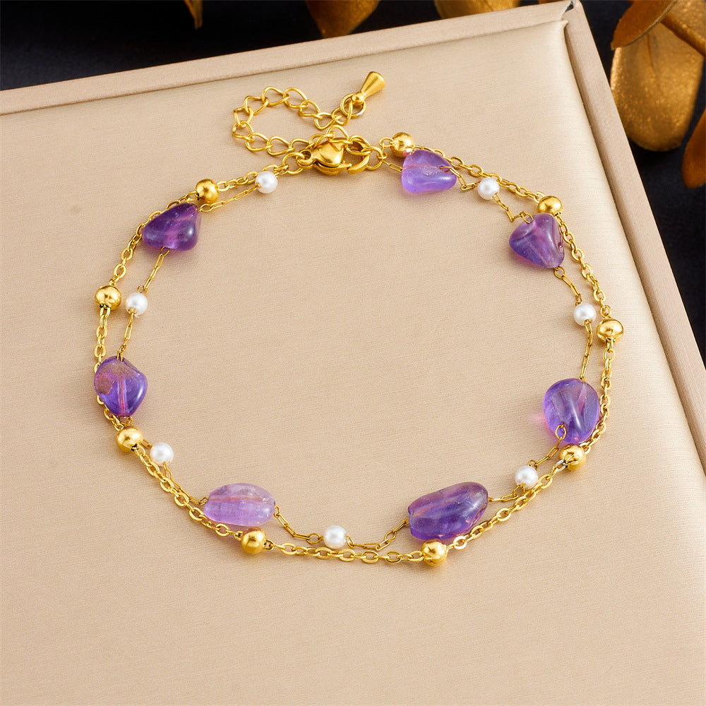 Cavigliera da donna con stella marina e delfino di perline viola, ispirata all'oceano, con catena doppia in acciaio inossidabile