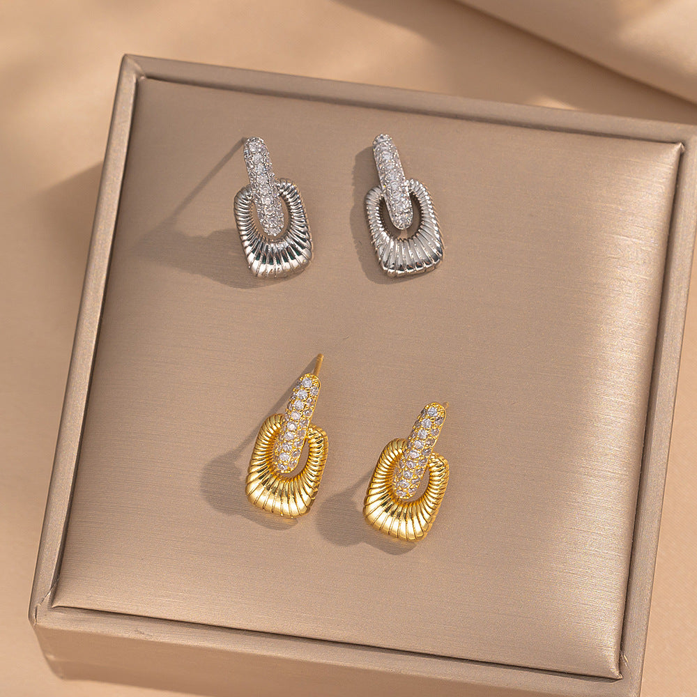 Minimalist Modern Square Rhinestone Stud Earrings in Titanium Steel with Vacuum Gold Plating for Women