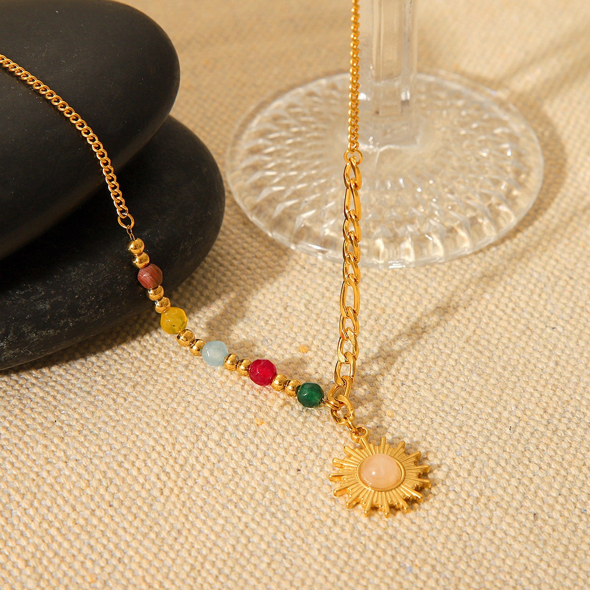 Collana con Pendente Geometrico in Acciaio Inossidabile Placcato Oro 18K con Pietra Occhio di Gatto Solare, Stile Francese Vintage, da Donna