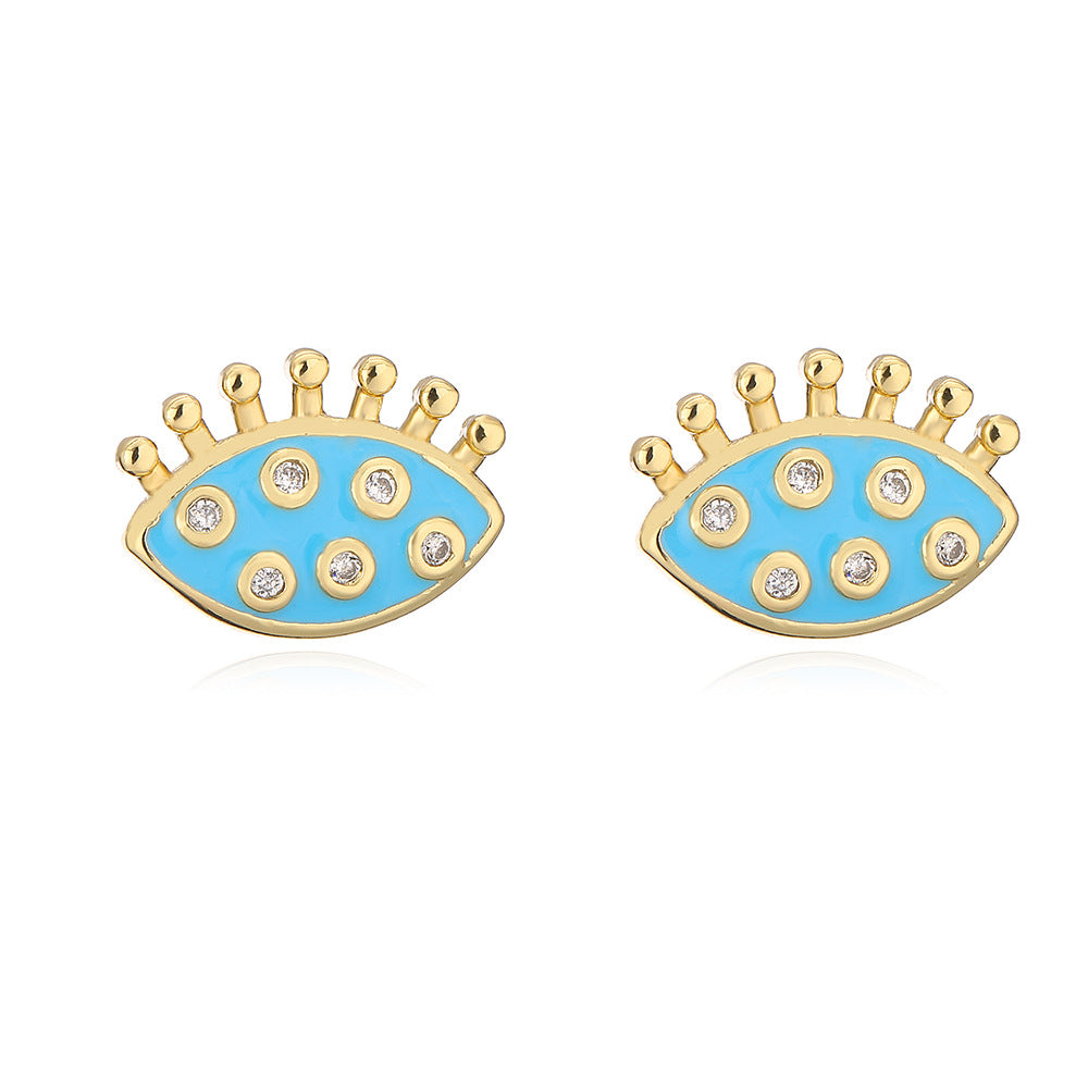 Vintage Geometric Eye Stud Earrings for Women Made of Copper with 18K Gold Plating and Enamel-Zirconia Accents