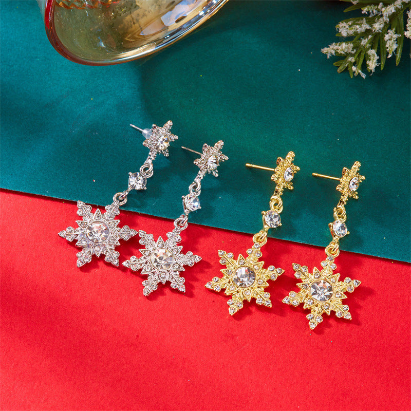 Pendientes Colgantes Copo de Nieve Estilo Cuento de Hadas con Detalles de Zirconia, Diseño Colgante, Base de Aleación de Zinc Galvanizada, Postes de Cerámica, Estética Fresca y Dulce