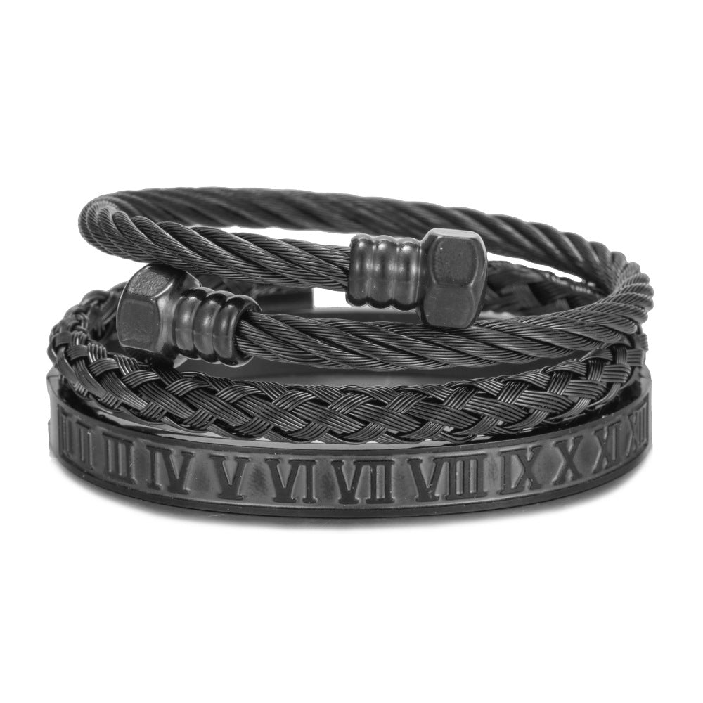 Punk Geometric Round Letter Titanium Steel Plated Open Cuff Bracelet Set for Unisex