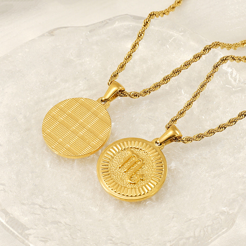 Vintage 18K Gold Plated Round Zodiac Pendant Titanium Steel Rope Chain Necklace Unisex