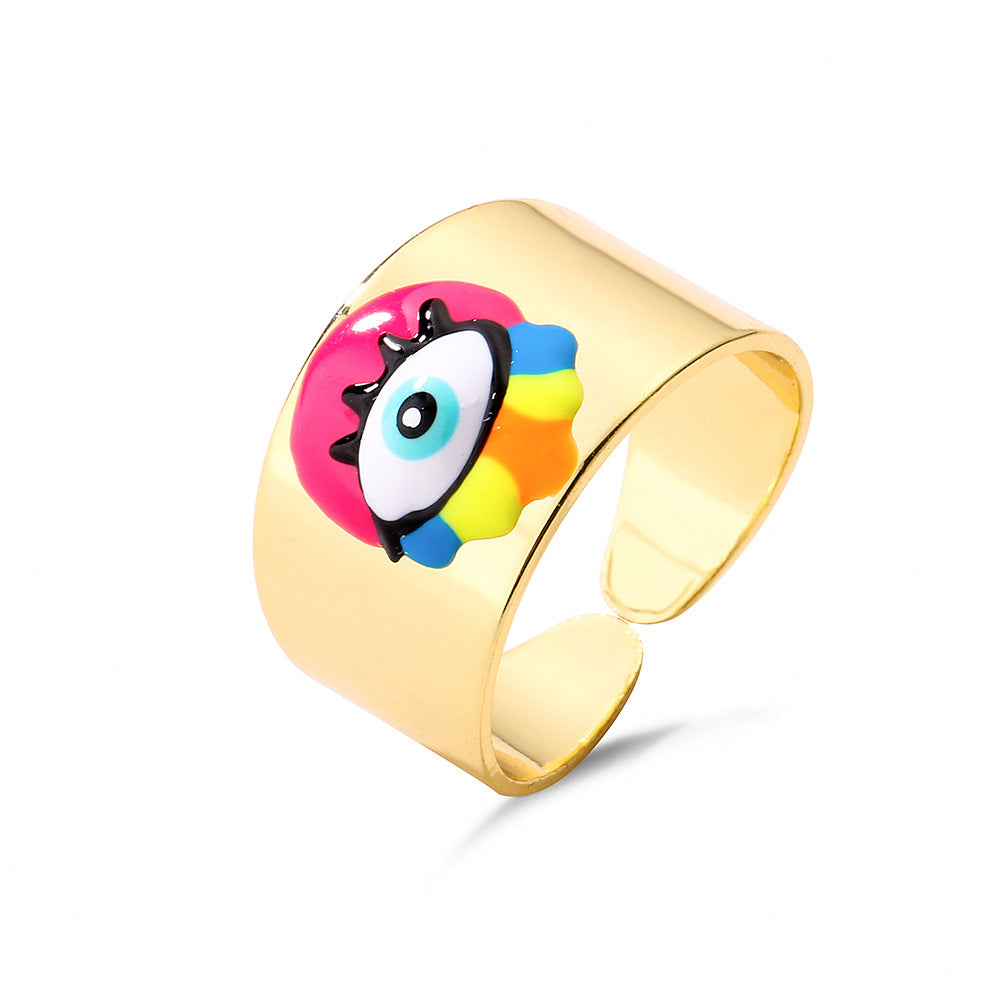 Anello Aperto Geometrico da Donna con Base in Rame Placcato Oro 18K e Smalto Design Occhio di Allah