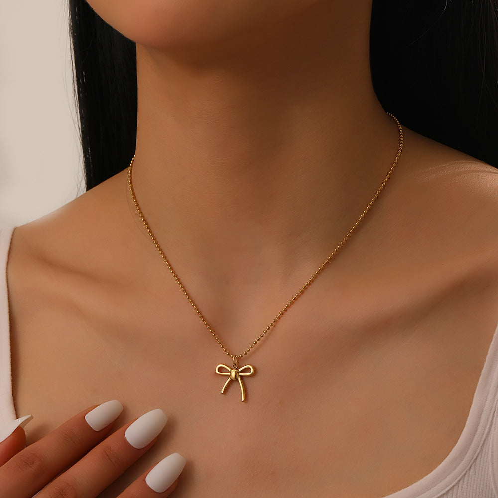 Minimalist Bow-Shaped Gold-Plated Stainless Steel Clavicle Necklace with Beaded Chain