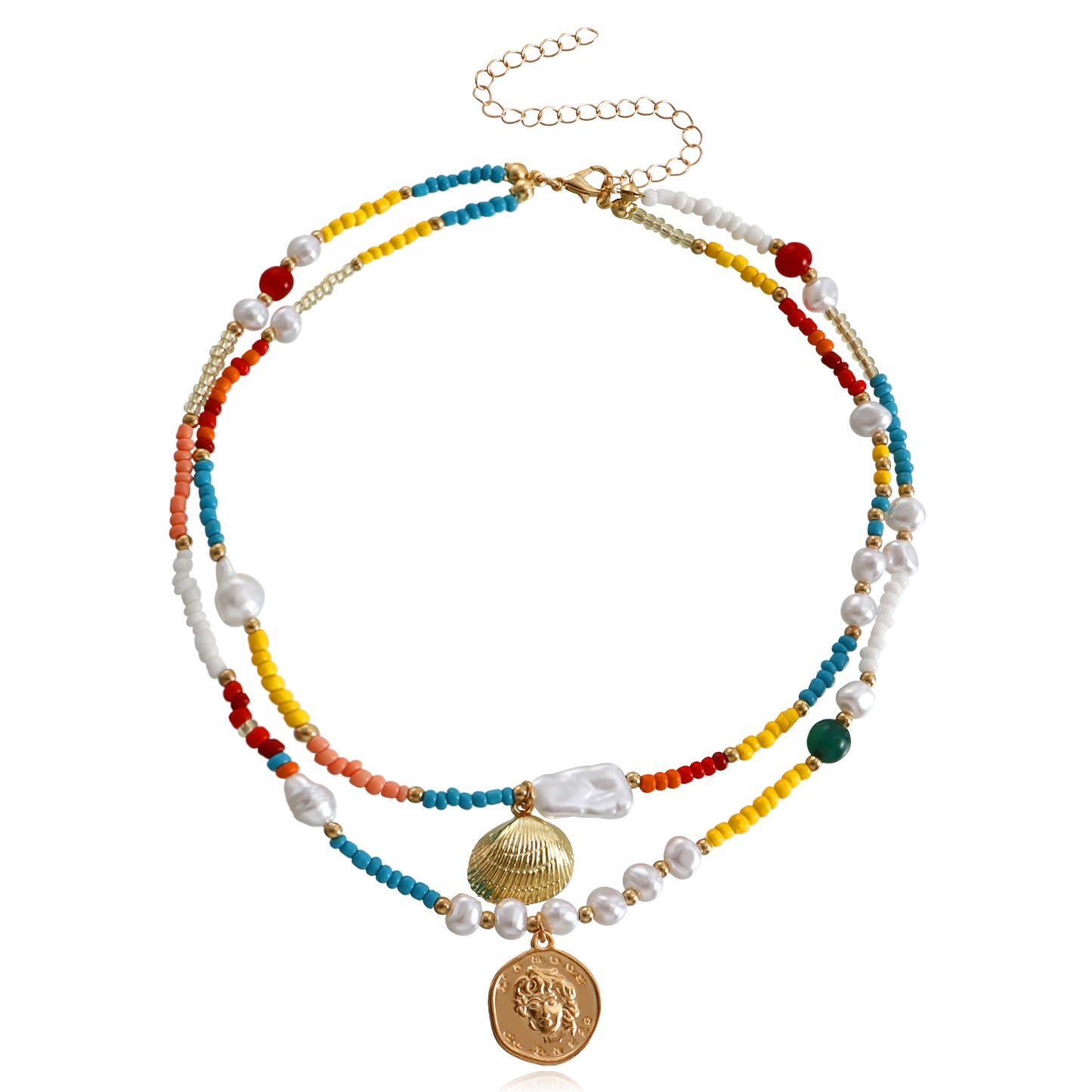Bohemian Style Colorful Seed Bead and Seashell Pendant Necklace for Women Geometric Alloy Design with Plated Finish