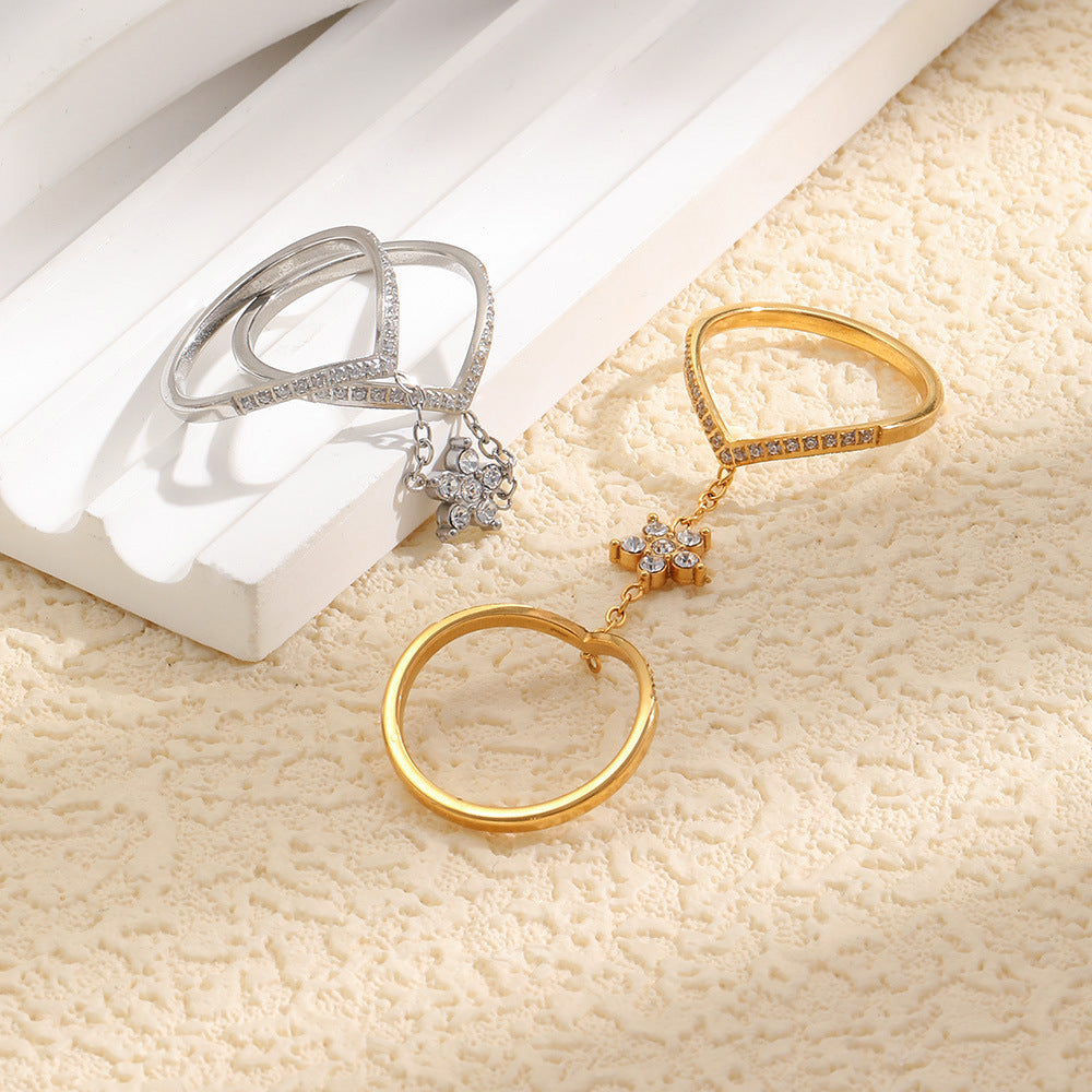 Elegant Minimalist 18K Gold Plated Stainless Steel Floral Double Layer Ring for Women