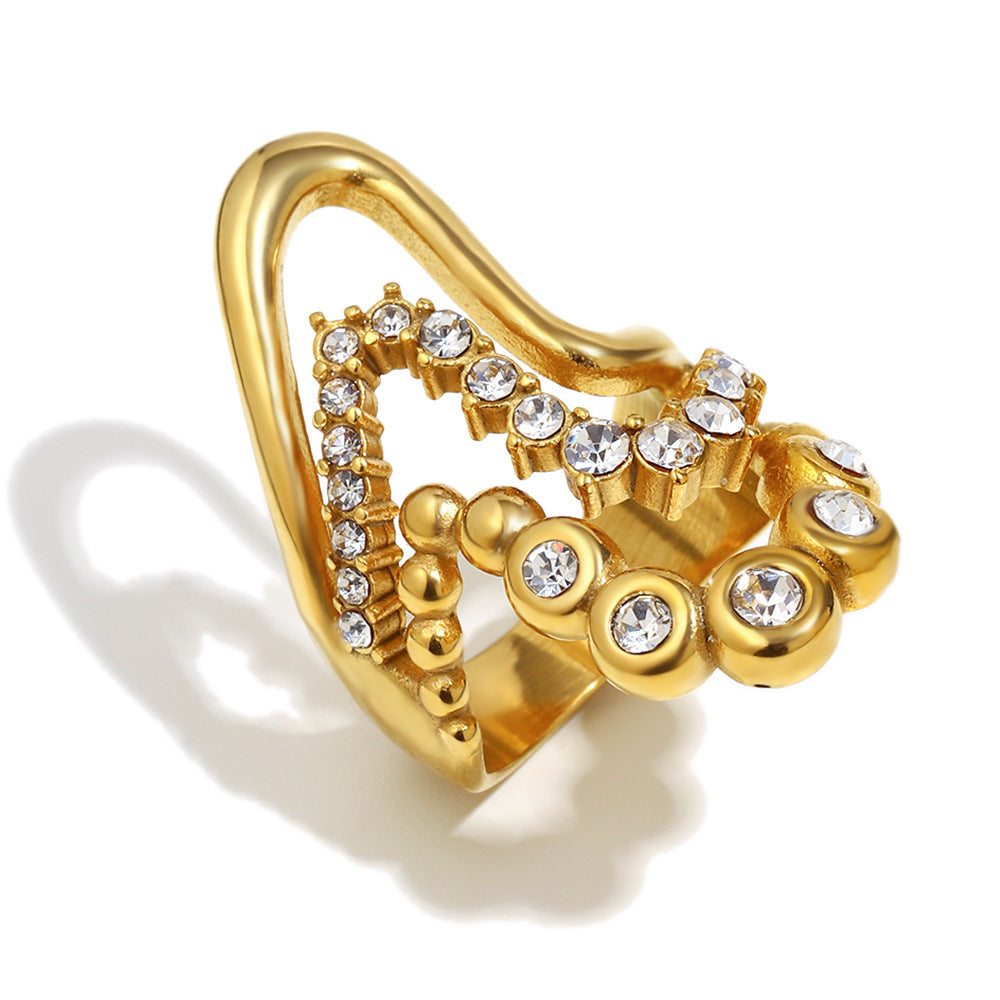 Minimalist Wave-Shaped Stainless Steel Ring with 18K Gold Plating and Zircon Accents for Women