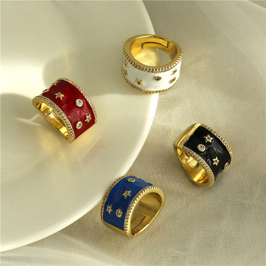 Elegant Geometric Drip Oil Brass Ring with Micro-Inlaid Cubic Zirconia for Women
