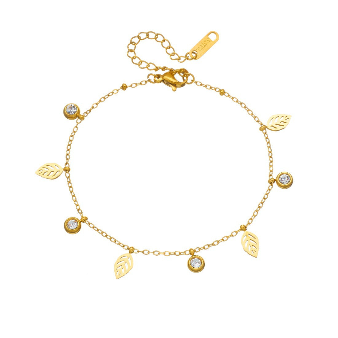 Minimalist Gold Plated Stainless Steel Leaf Pendant with Rhinestone Inlay for Women