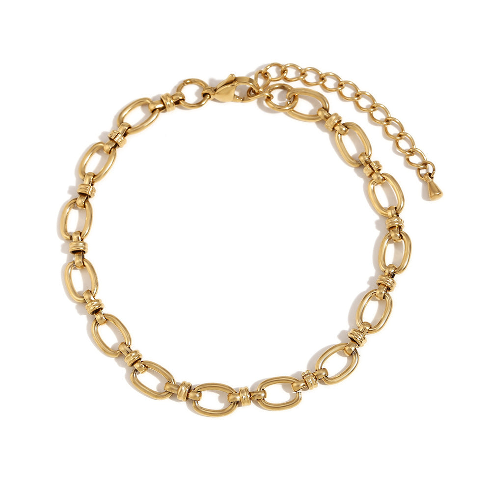 Tobillera geométrica minimalista de acero inoxidable con baño de oro de 14 quilates y cierre de cruz para mujer