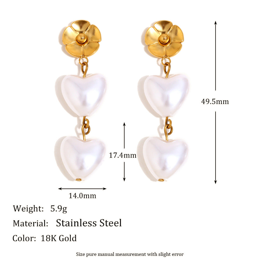 Vintage Floral Heart-Shaped Stainless Steel Earrings with 18K Gold Plating and Pearl Accents for Women