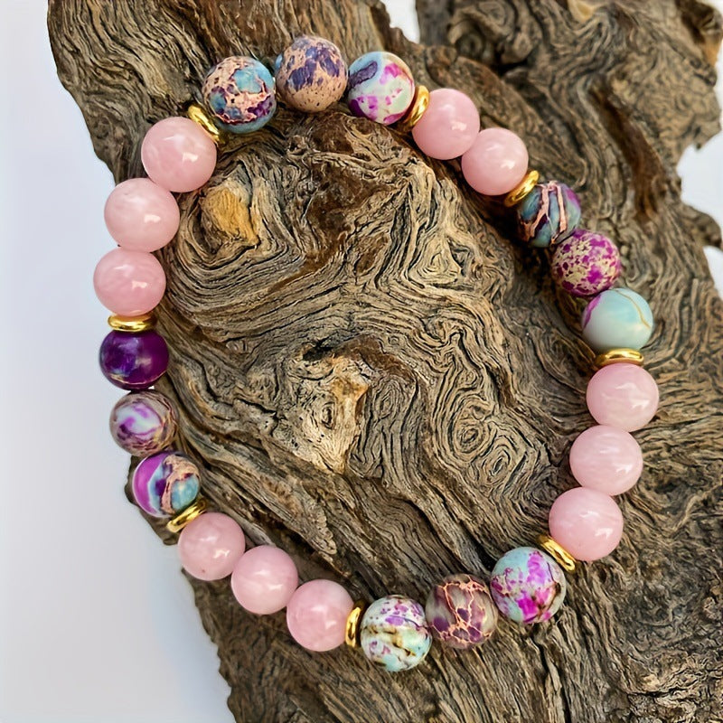 Casual Unisex 8mm Pink Crystal and Agate Beaded Bracelet Geometric Round Handmade Jewelry Gift
