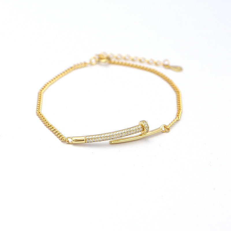 Pulsera geométrica de plata de ley 925 con incrustaciones de diamantes y remaches para mujer