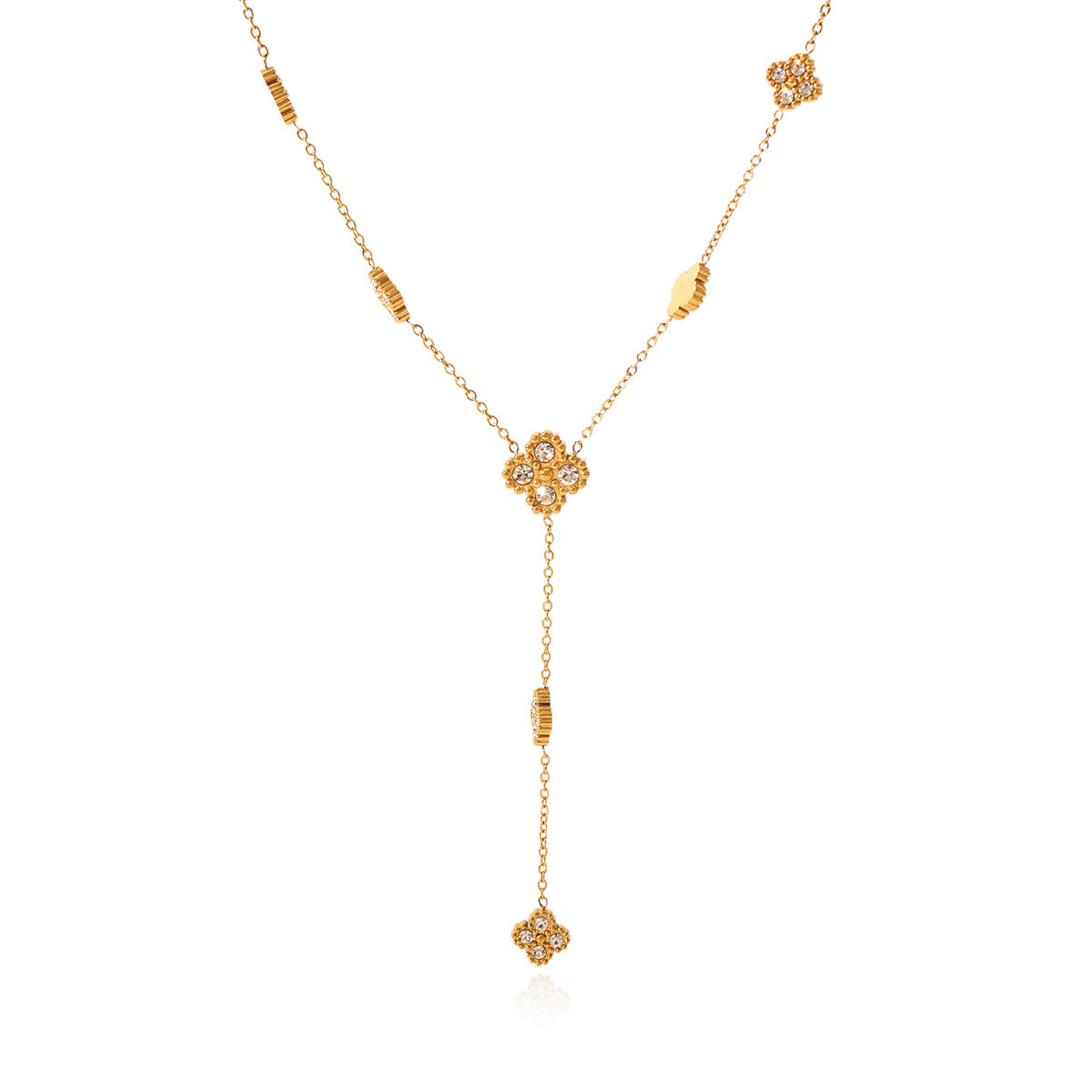 Minimalist 18K Gold Plated Stainless Steel Four-Leaf Clover Rhinestone Y-Necklace for Women