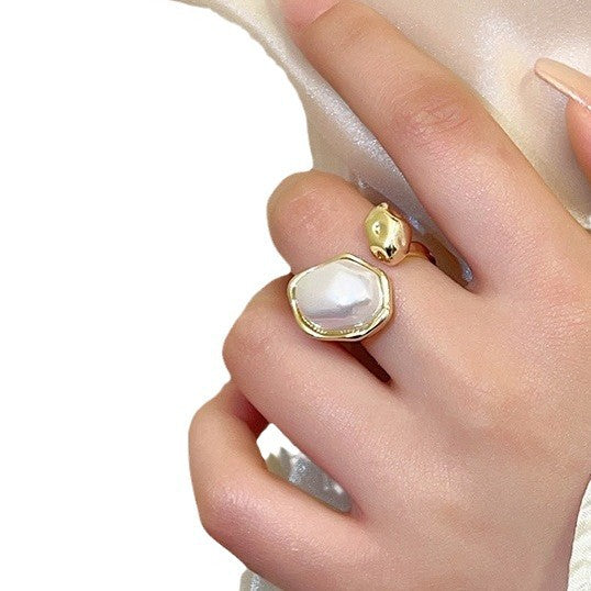 Vintage Irregular Geometric Pearl Ring with Zircon Inlay for Women
