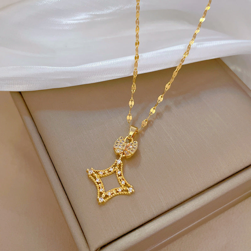 Minimalist Square Titanium Steel Micro-Paved Necklace for Women Delicate Clavicle Chain