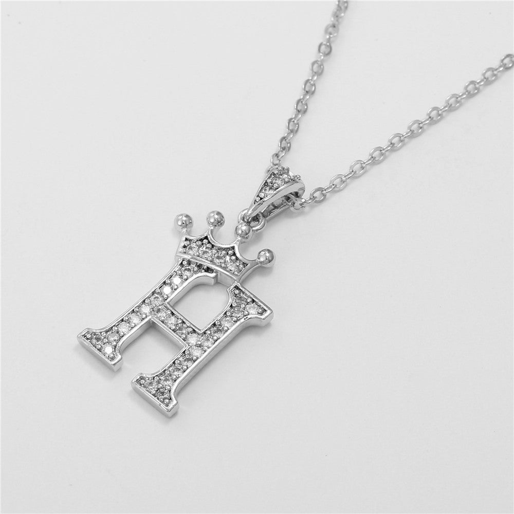 Minimalist White Gold Plated Crown Letter Pendant Necklace with Micro-Pave Cubic Zirconia for Women