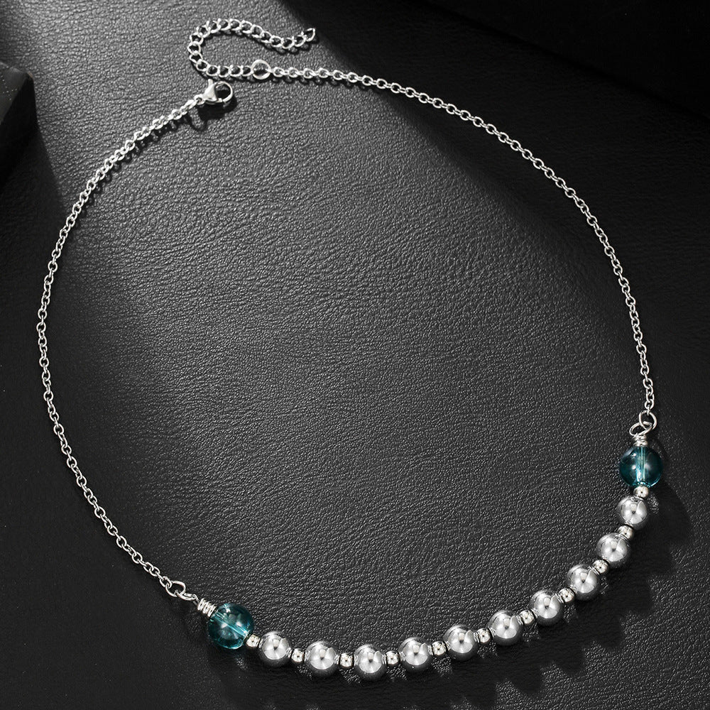 Minimalist Geometric Stainless Steel PVD Beaded Necklace with Black Agate and Crystal for Unisex